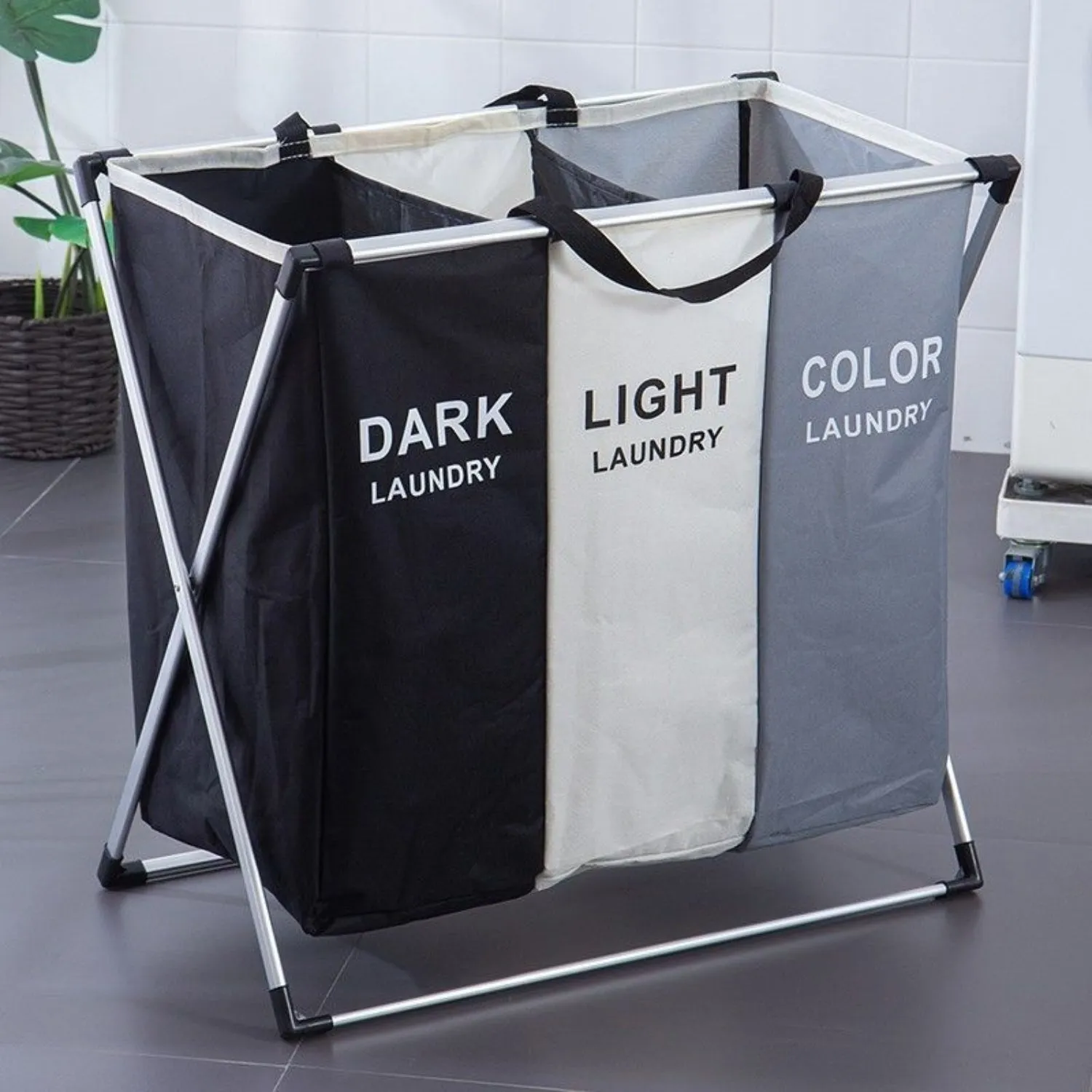 135L Foldable Laundry Hamper, 3 Sections, Waterproof - GOMINIMO