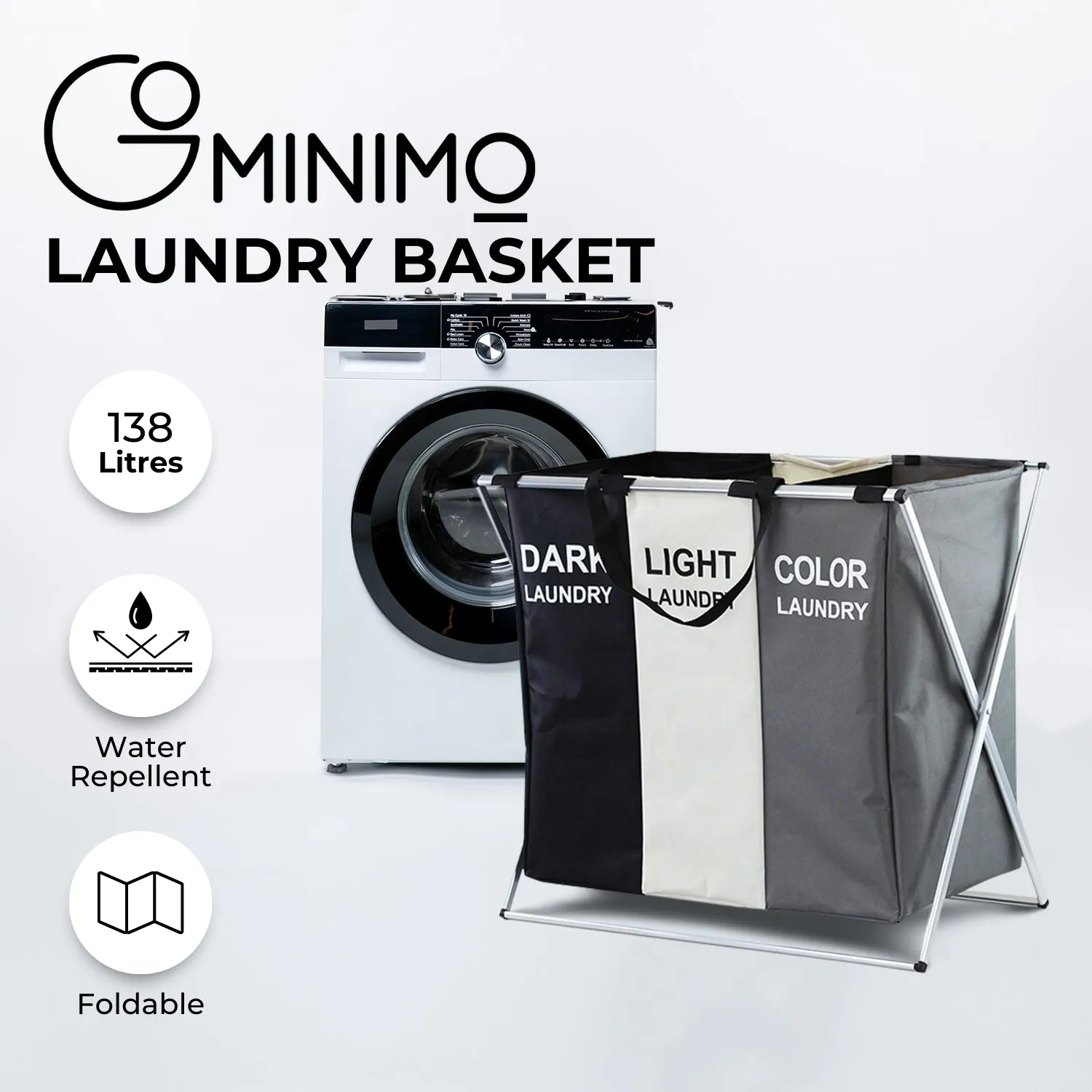 135L Foldable Laundry Hamper, 3 Sections, Waterproof - GOMINIMO