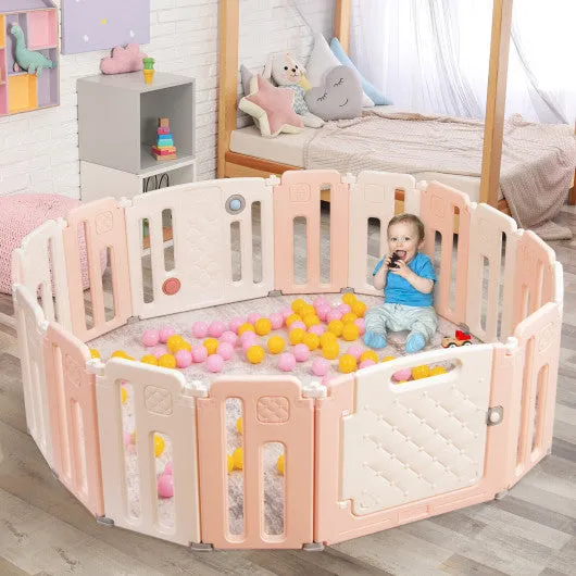 16 Panels Baby Safety Playpen with Drawing Board-Pink