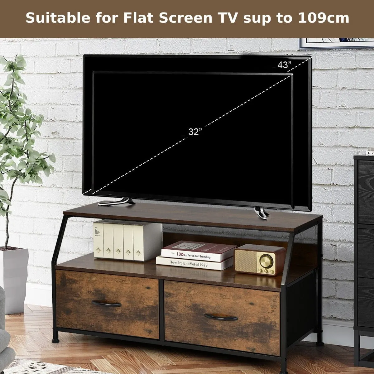 2-Drawer Industrial Dresser TV Stand with 2-Tier Open Shelf