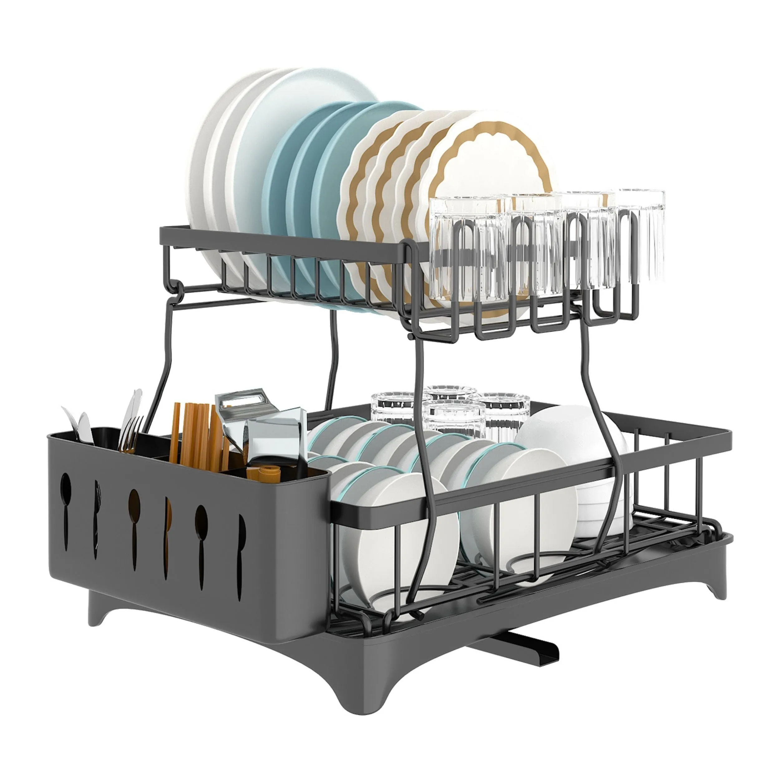 2-Tier Dish Drying Rack with Detachable Drainboard, Utensil Holder, Cup Rack & Swivel Spout - Kitchen Counter Organizer