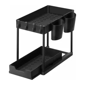 2-Tier Under Sink Organizer with Hooks & Cup Holders, Black, GOMINIMO