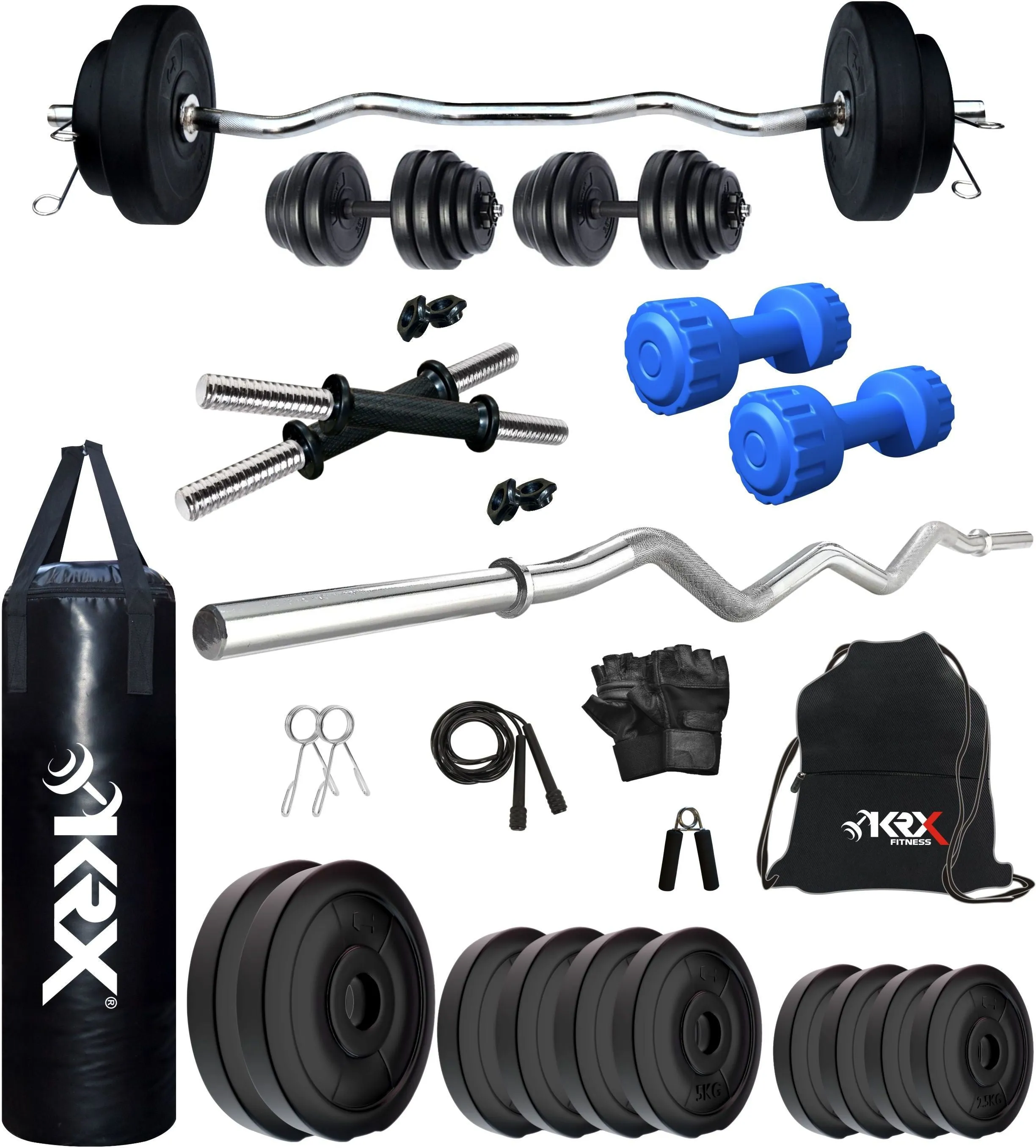 50 kg PVC 50 Combo with Unfilled Punching Bag & PVC Dumbbells | Home Gym | ( 2.5 Kg x 4 = 10 Kg   5 Kg x 4 = 20Kg   10 Kg x 2 = 20Kg )