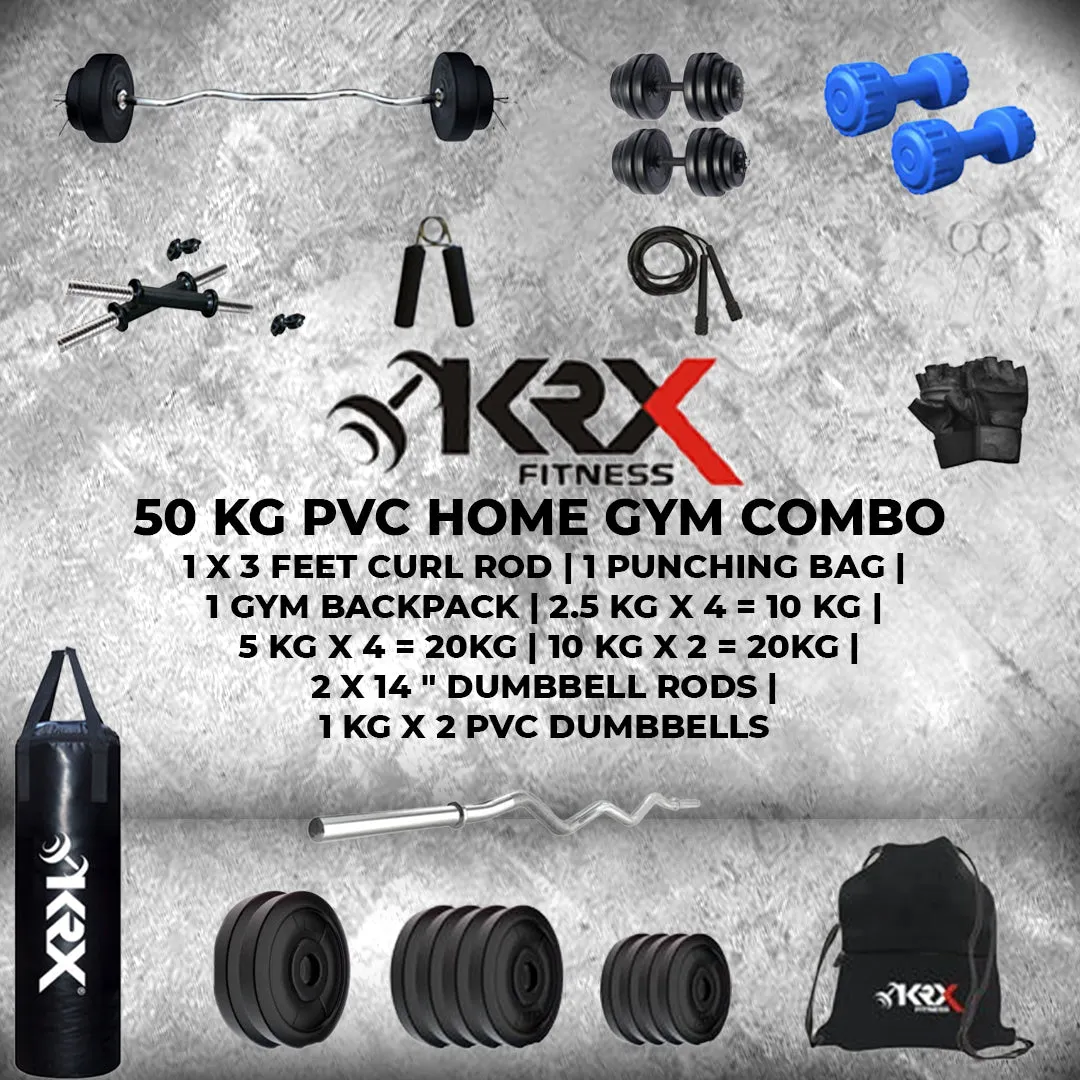 50 kg PVC 50 Combo with Unfilled Punching Bag & PVC Dumbbells | Home Gym | ( 2.5 Kg x 4 = 10 Kg   5 Kg x 4 = 20Kg   10 Kg x 2 = 20Kg )