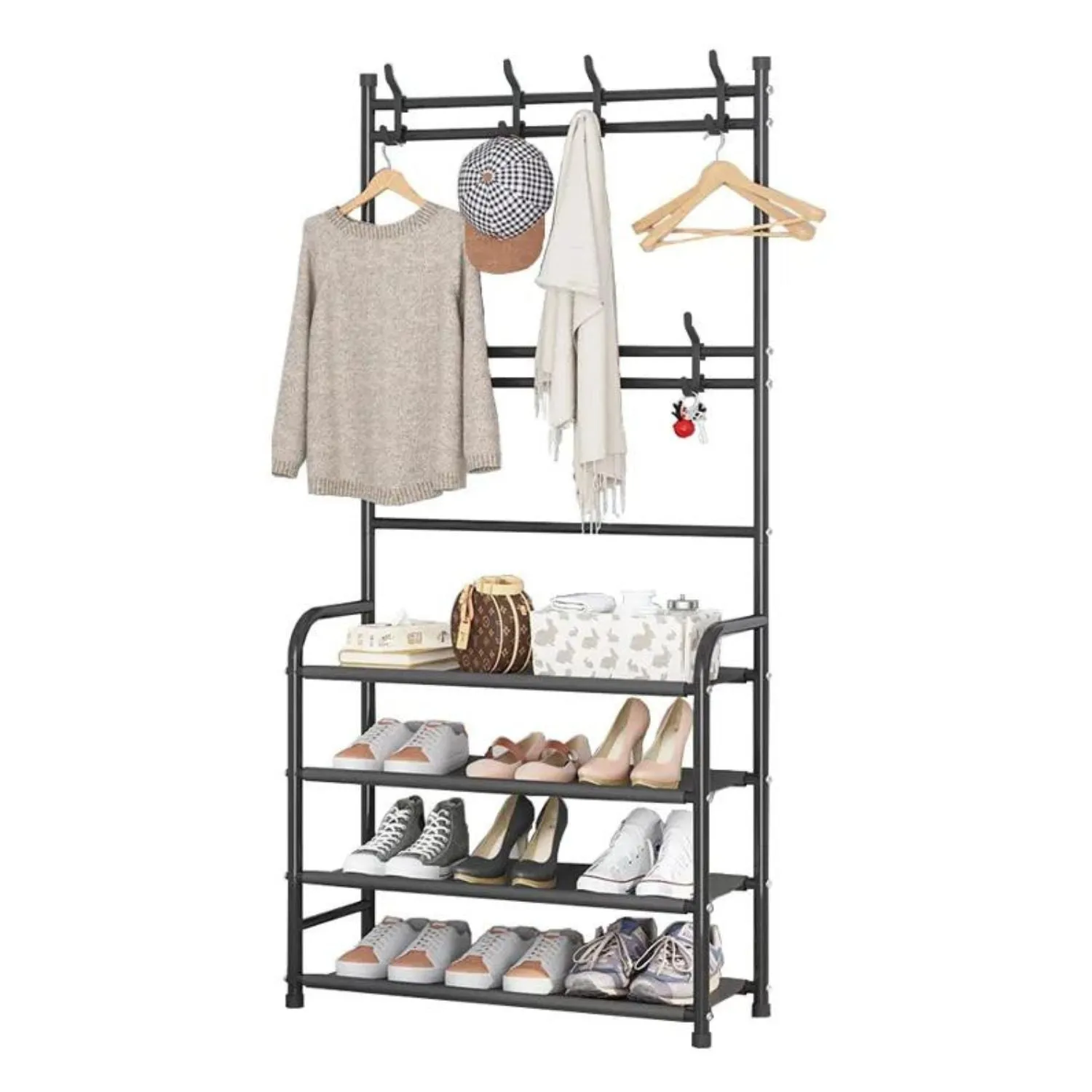 Black Metal Clothes Rack with Shoe Shelves, 8 Hooks