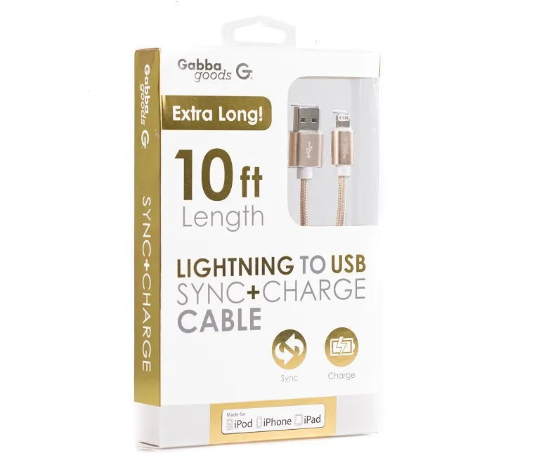 GabbaGoods 3-Pack MFI Certified Sync & Charge Metallic 10-Foot Lightning Cables