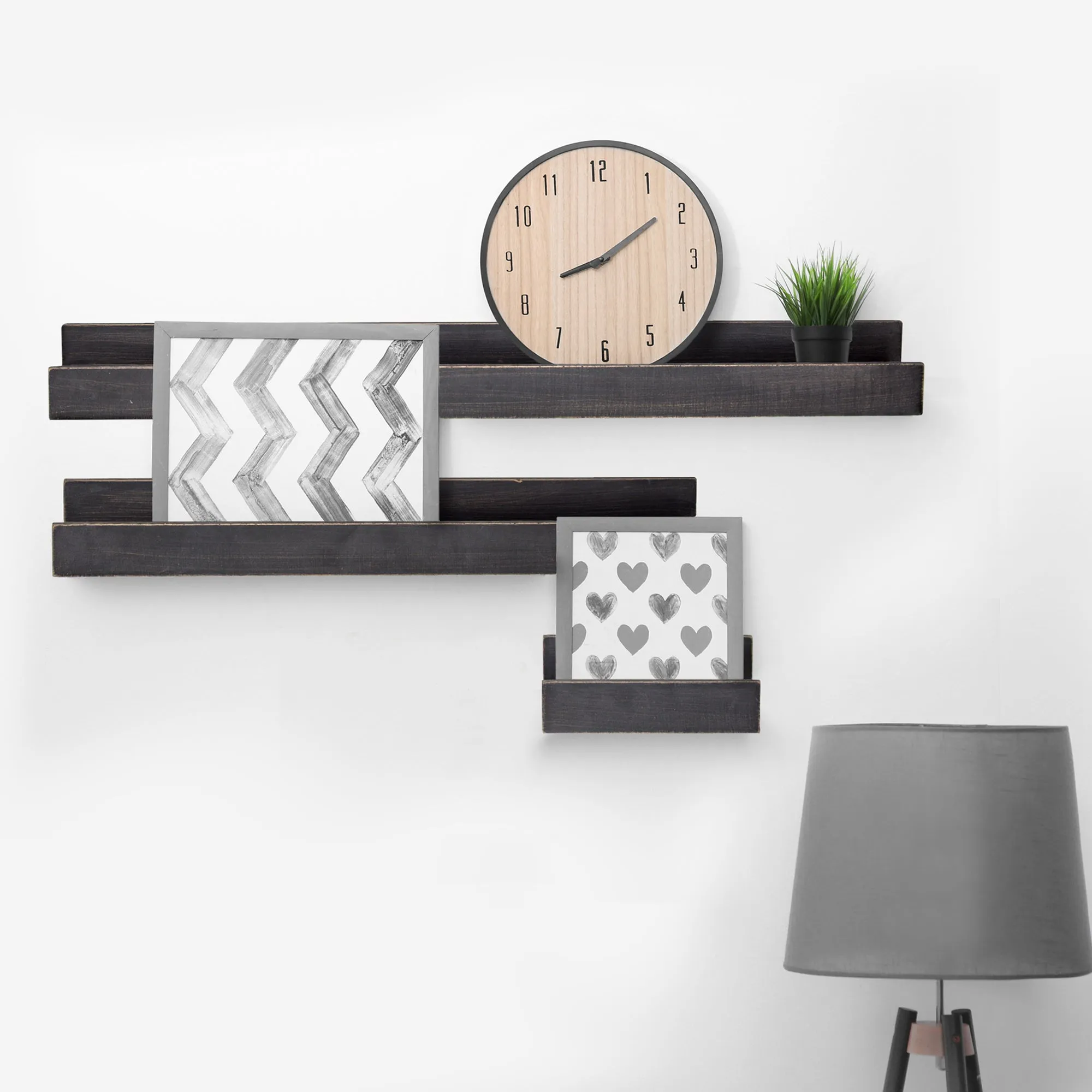 Picture Ledge Floating U Wooden Wall Shelves - Set of 3 (Black)