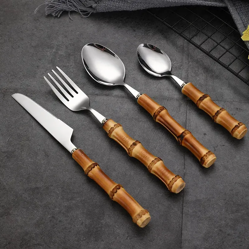 Premium Bamboo Handle Cutlery Fork Knife Spoon Set Dinnerware Utensils Gift BUT01