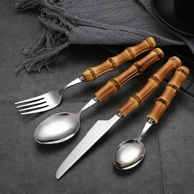 Premium Bamboo Handle Cutlery Fork Knife Spoon Set Dinnerware Utensils Gift BUT01