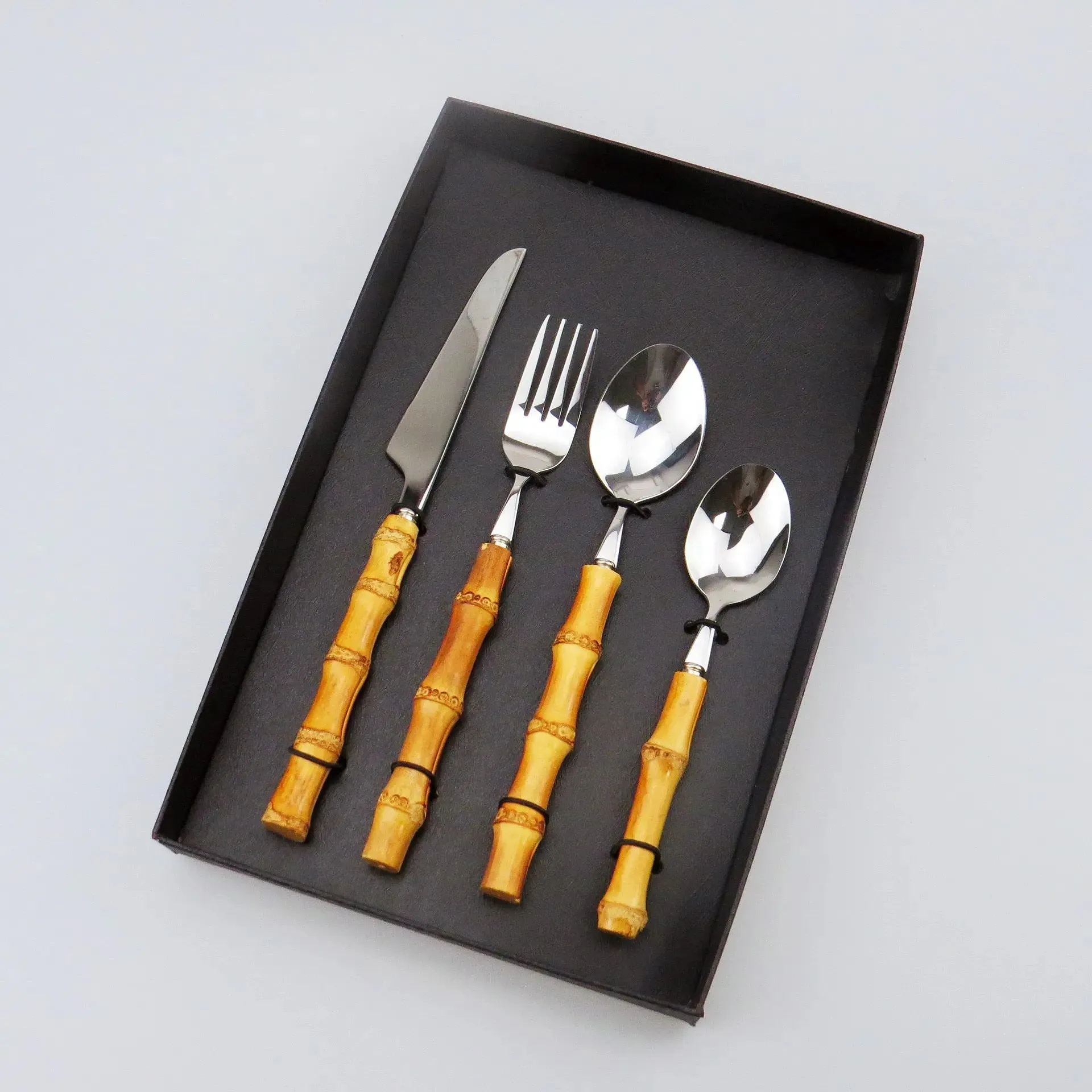 Premium Bamboo Handle Cutlery Fork Knife Spoon Set Dinnerware Utensils Gift BUT01