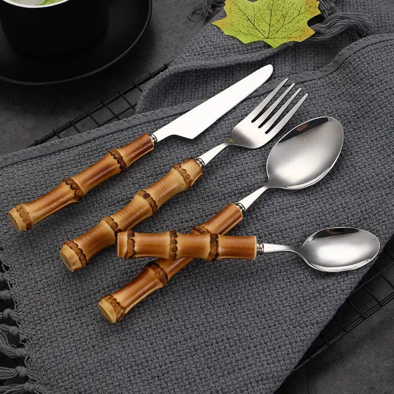 Premium Bamboo Handle Cutlery Fork Knife Spoon Set Dinnerware Utensils Gift BUT01