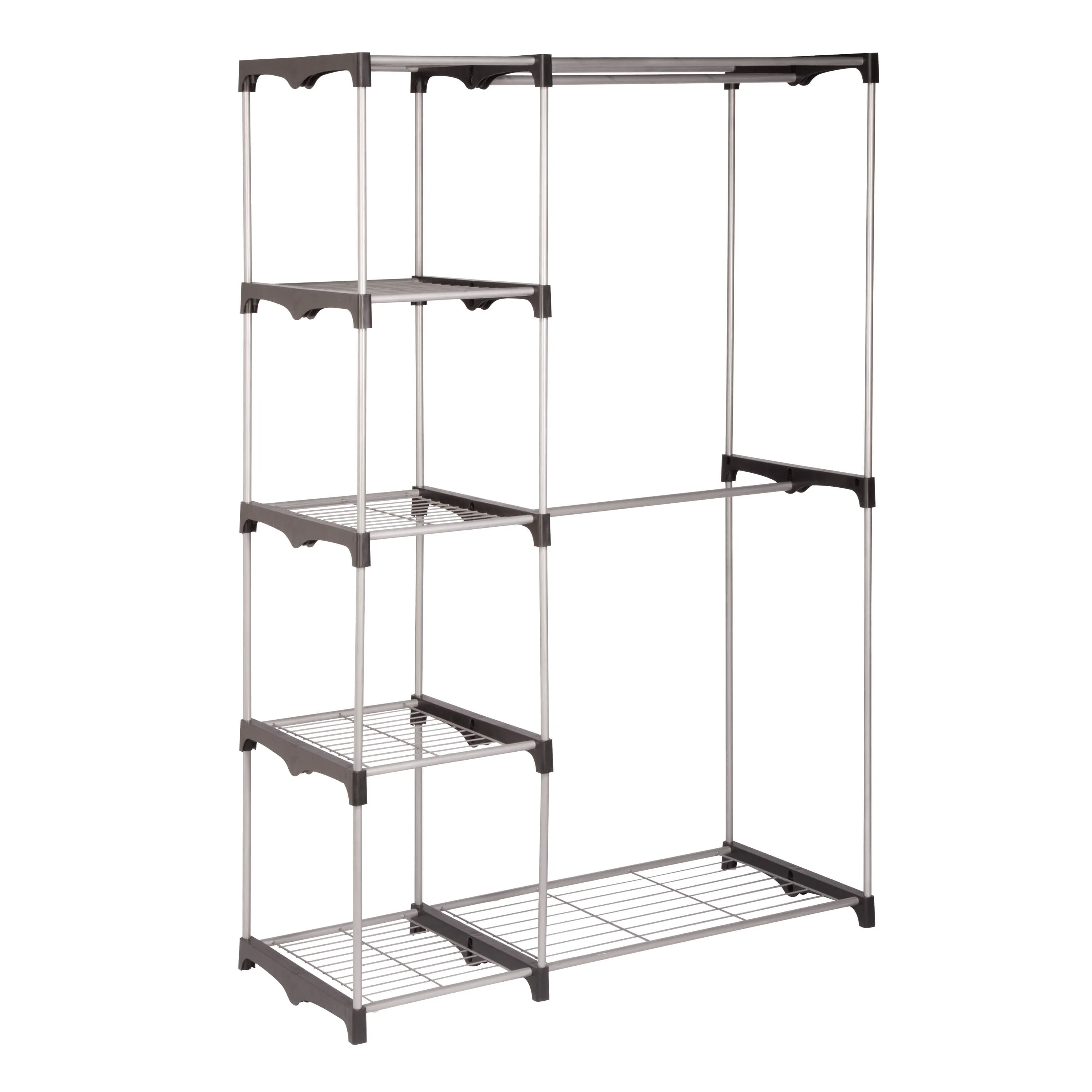 Silver/Black Freestanding Closet with Double Bar and Shelves