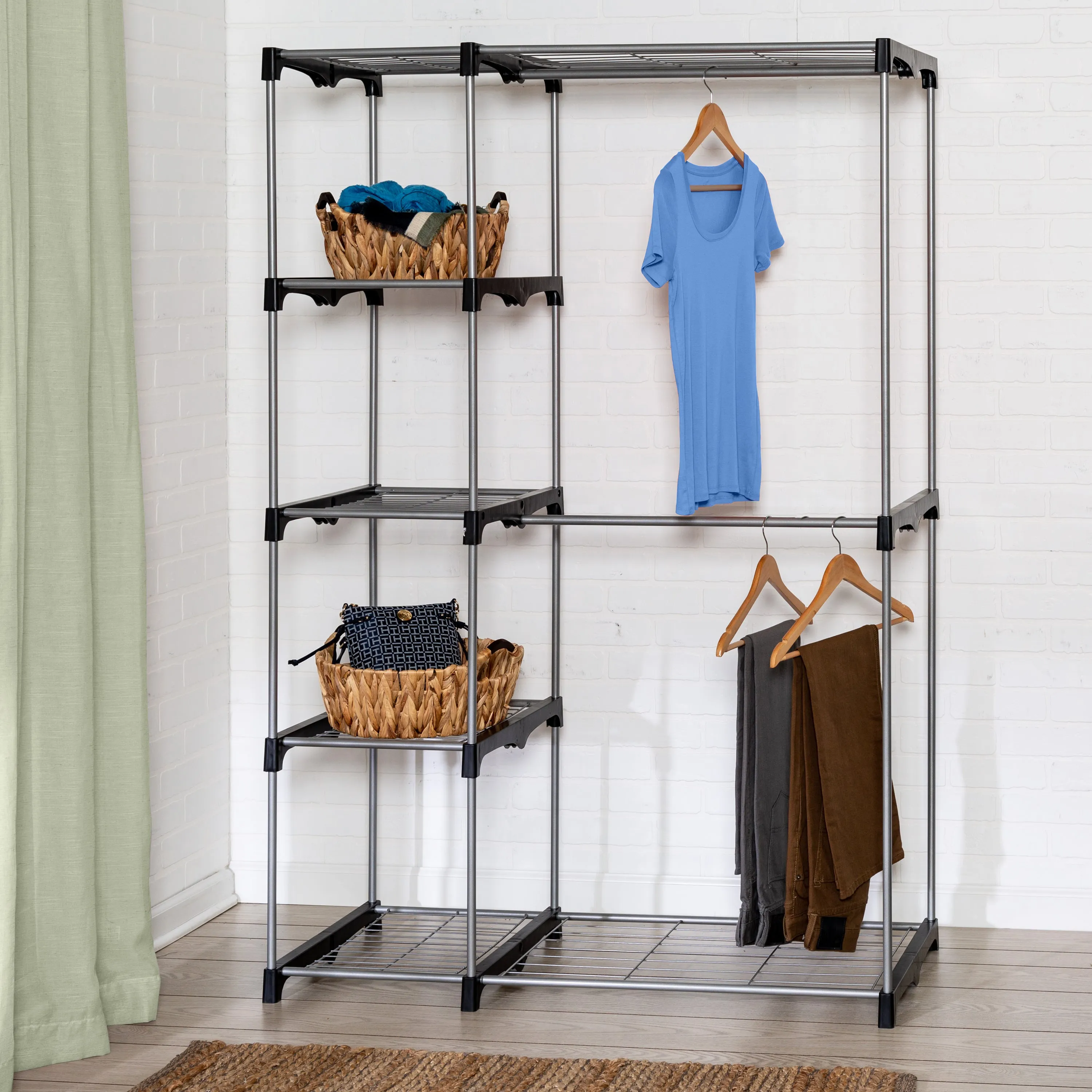 Silver/Black Freestanding Closet with Double Bar and Shelves